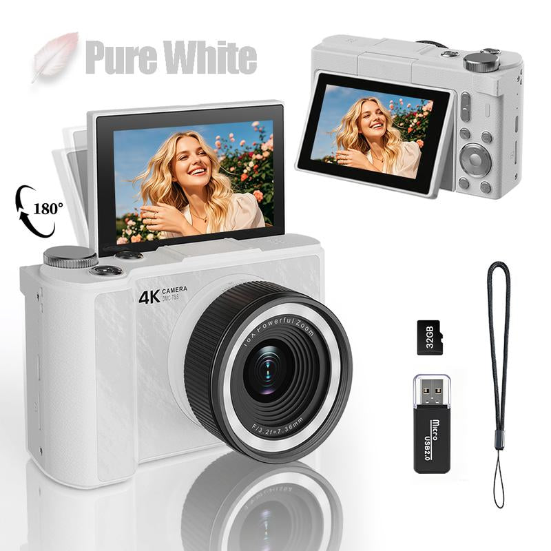 4K Digital Camera for Photography, Y2K Foldable Screen Portable Vlogging Camera with 32GB SD Card, Wrist Strap, Self Timer, Anti-Shake, 16X Digital Zoom, Ideal Gift for Girls, Boys Teenagers, and Beginners, Birthday Christmas Valentine'S Day Gift