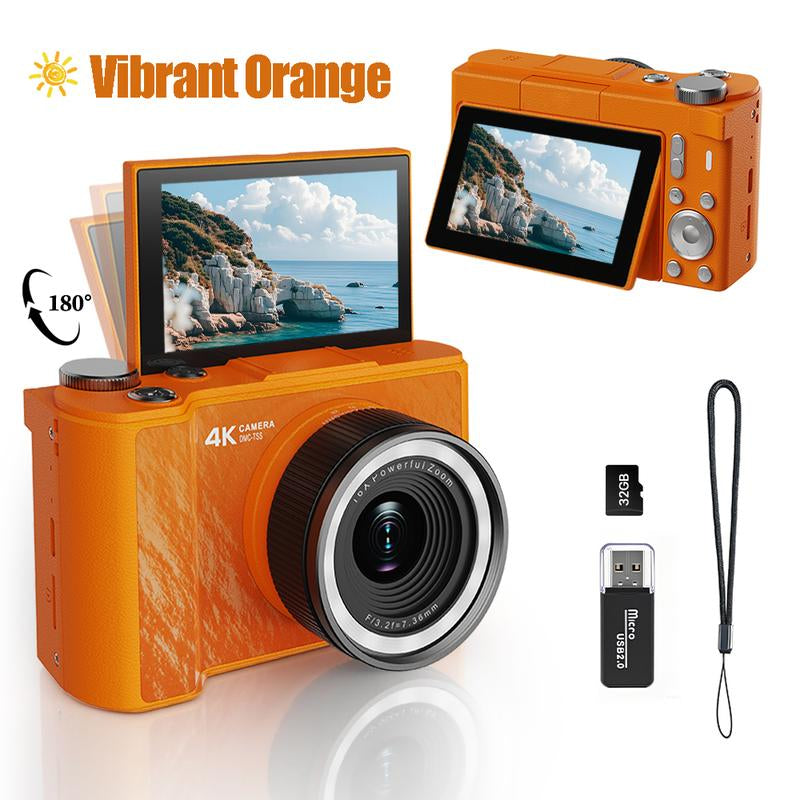 4K Digital Camera for Photography, Y2K Foldable Screen Portable Vlogging Camera with 32GB SD Card, Wrist Strap, Self Timer, Anti-Shake, 16X Digital Zoom, Ideal Gift for Girls, Boys Teenagers, and Beginners, Birthday Christmas Valentine'S Day Gift