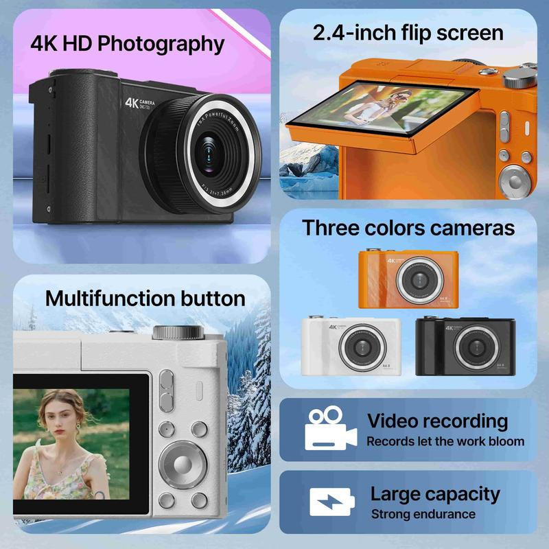 4K Digital Camera for Photography, Y2K Foldable Screen Portable Vlogging Camera with 32GB SD Card, Wrist Strap, Self Timer, Anti-Shake, 16X Digital Zoom, Ideal Gift for Girls, Boys Teenagers, and Beginners, Birthday Christmas Valentine'S Day Gift