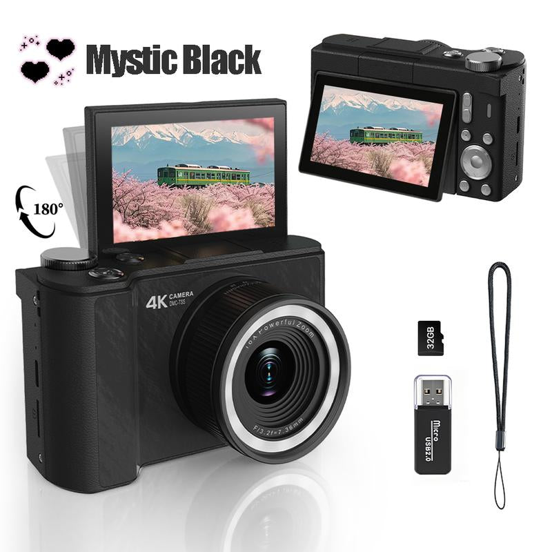 4K Digital Camera for Photography, Y2K Foldable Screen Portable Vlogging Camera with 32GB SD Card, Wrist Strap, Self Timer, Anti-Shake, 16X Digital Zoom, Ideal Gift for Girls, Boys Teenagers, and Beginners, Birthday Christmas Valentine'S Day Gift