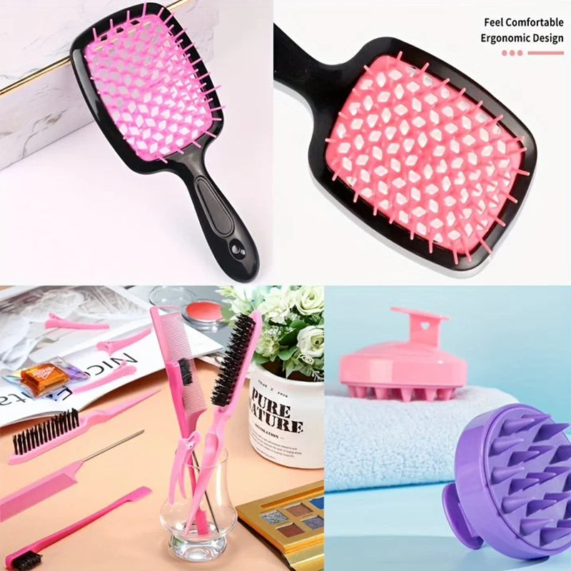 12Pcs/Set Hair Styling Comb Set, Detangling Hair Brush for All Hair Types, Detangler Brush Teasing Hair Brush Rat Tail Comb Edge Brush, Silicone Scalp Massager Shampoo Brush for Shower-Pink