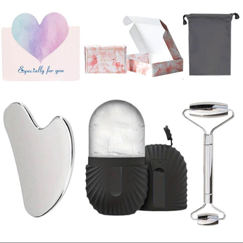 3-In-1 Facial Massage Care Set, 1 Set Stainless Steel Ice Face Roller & Scraping Set, Facial Care Tool for Lifting, Shaping and Massage, Home Beauty Tool