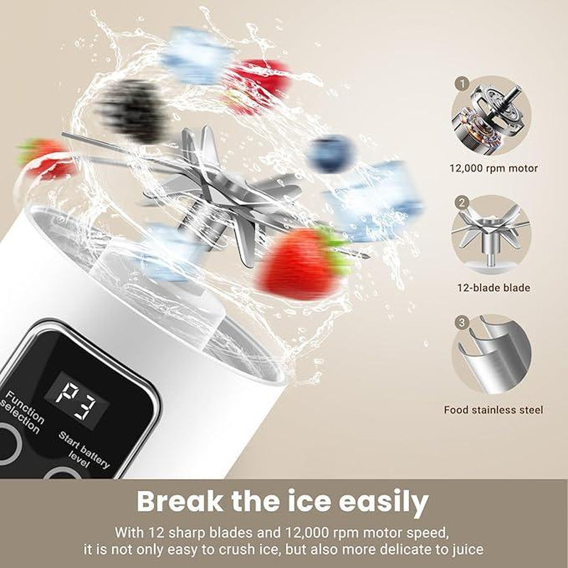 Portable Fruit Cup Blenders Digital Multimode Juicer Blender with Smart LED Display 12-Blade 3-Speed Control USB-C Fast Charging 450ML Leakproof Cup for Fresh Juices at Home Home Essentials Valentine'S Gift for Bf Valentine'S Gift for Wife